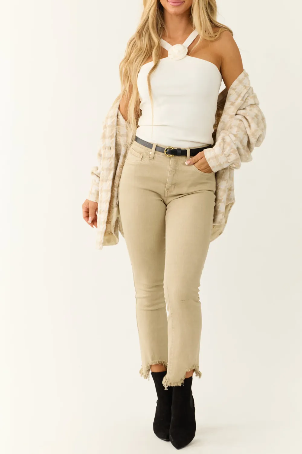 Beige Tummy Control Ankle Jeans