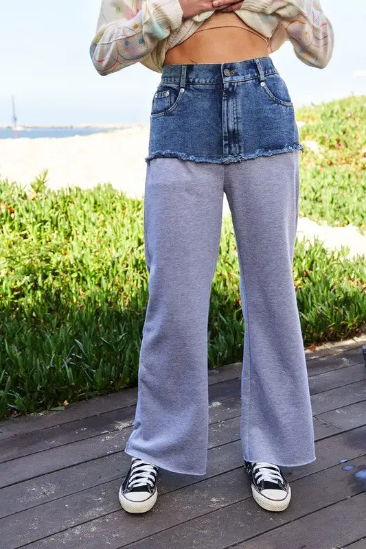 Raw Hem Denim Patchwork Wide Leg Pants