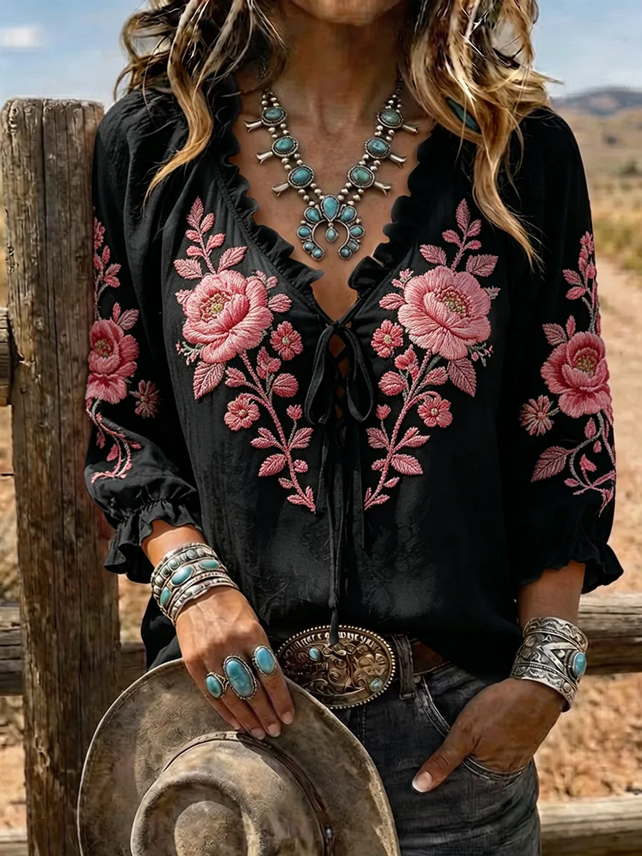 Women's Floral Embroidered Lace-Up Western Blouse
