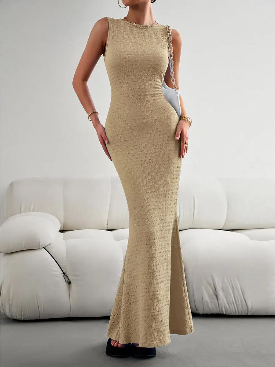 Split Pleated Sleeveless Neck Maxi Dress