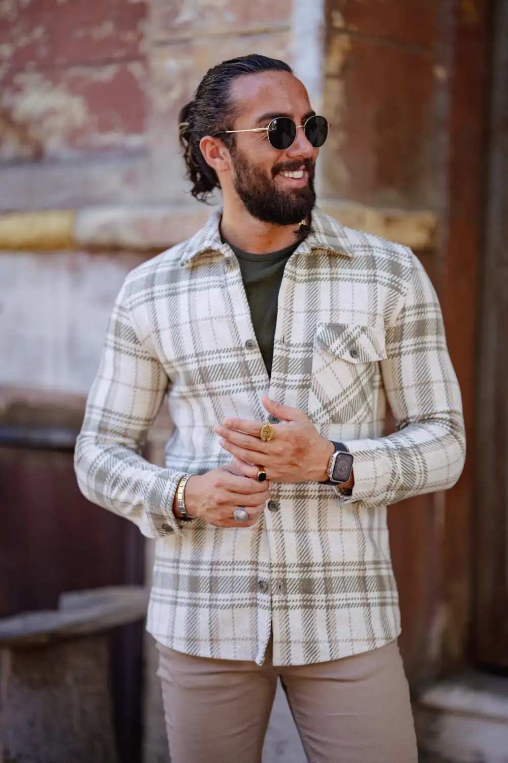 Bojoni Matera Slim Fit Cream  Striped Lumberjack Shirt