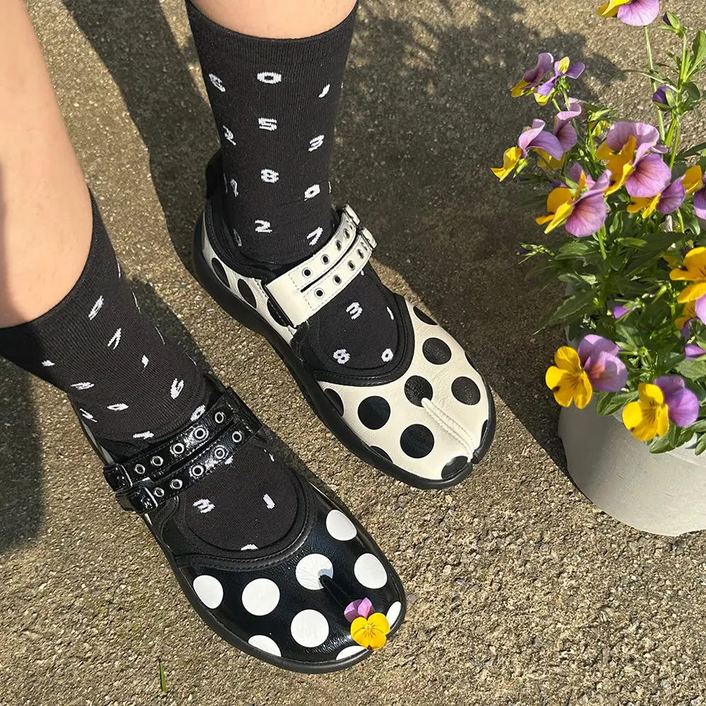 Polka Dot Buckle Strap Tabi Shoes