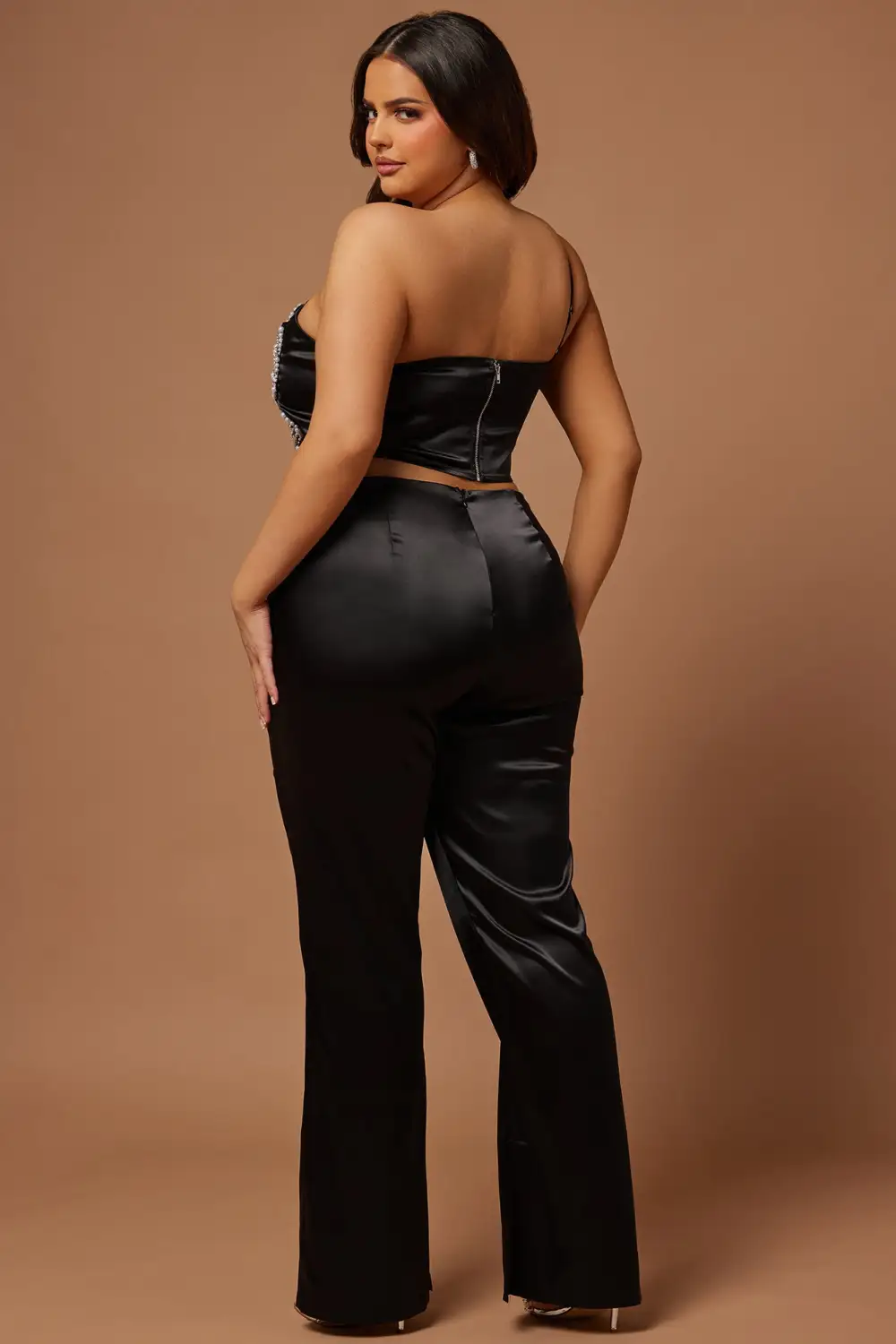 Rhinestone Butterfly Satin Pant Set - Black