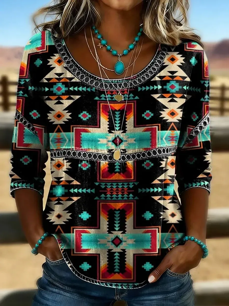 Women's Retro Western Aztec Print Casual T-shirt