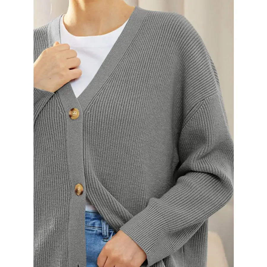 Button Down V Neck Long Sleeve Cardigan