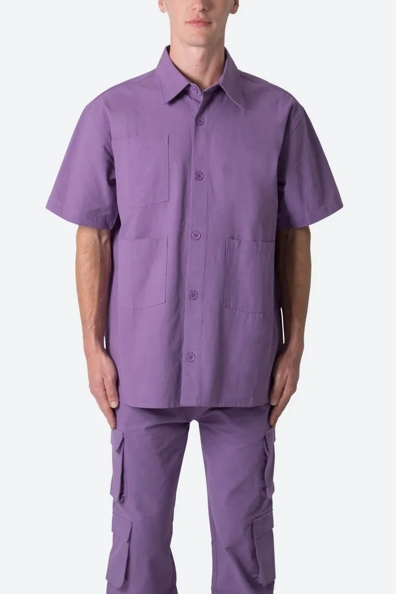 PURPLE COLLARED CARGO SHORT SLEEVE SHIRT