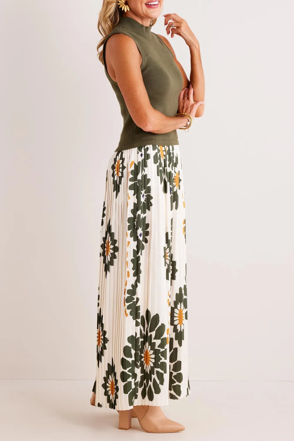Olive Green Top with Floral Print Maxi Skirt Set
