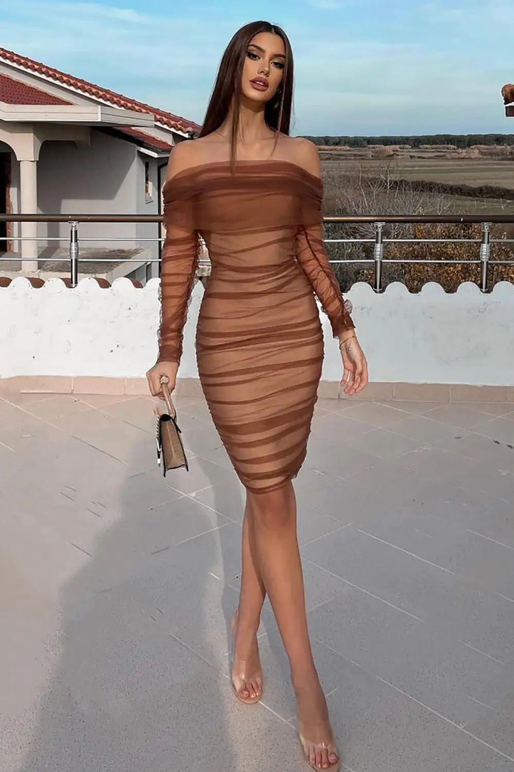 Ruched And Ready Bandage Midi Dress - Taupe