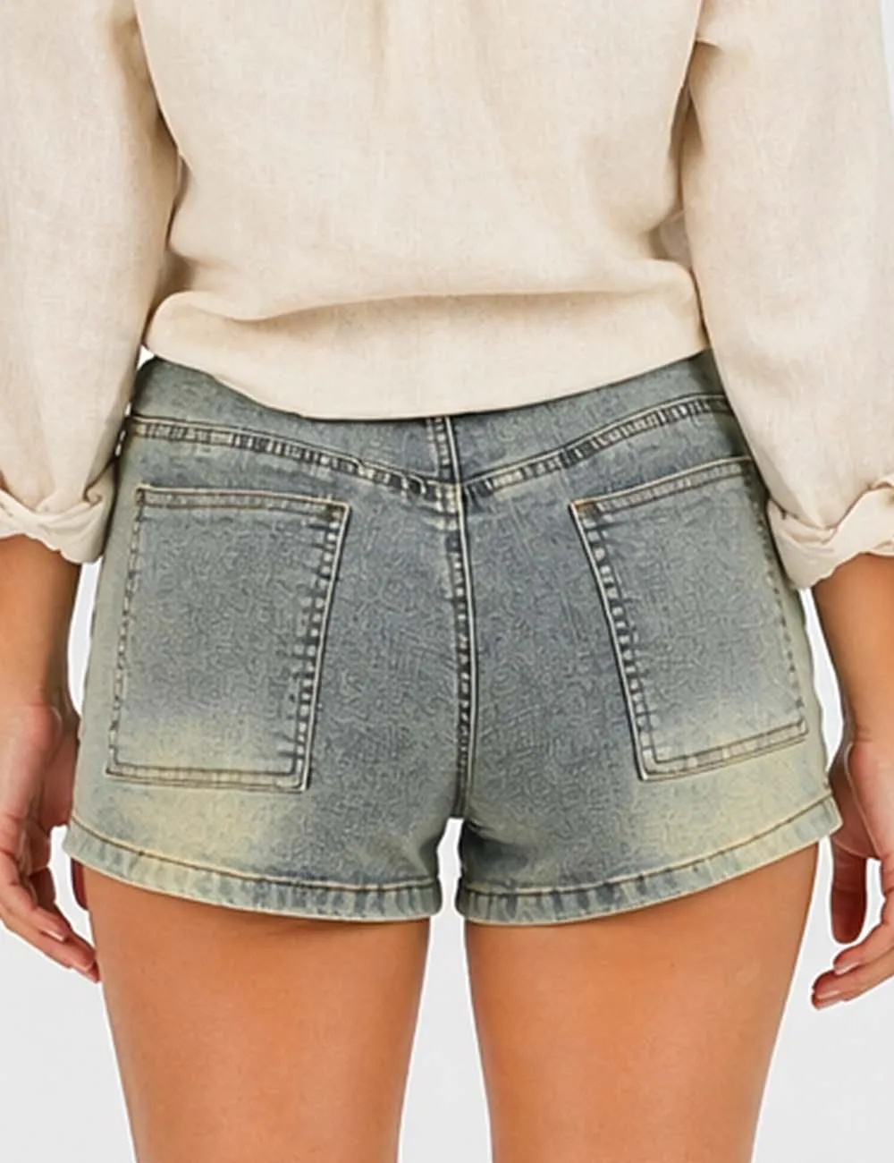 Metal Eyelet Wrap Denim Mini Shorts