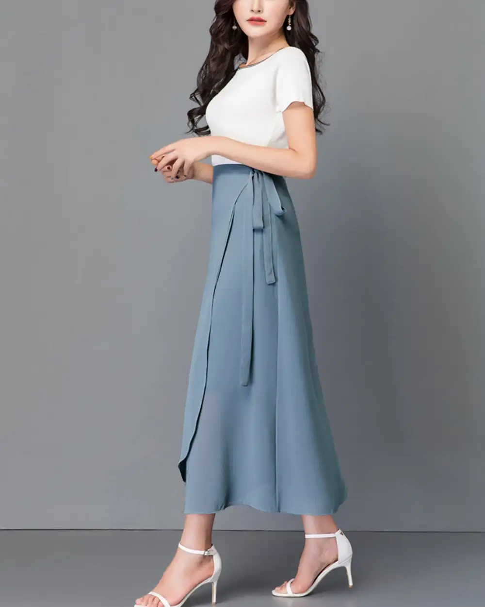 Belted Chiffon A Line Midi Skirt