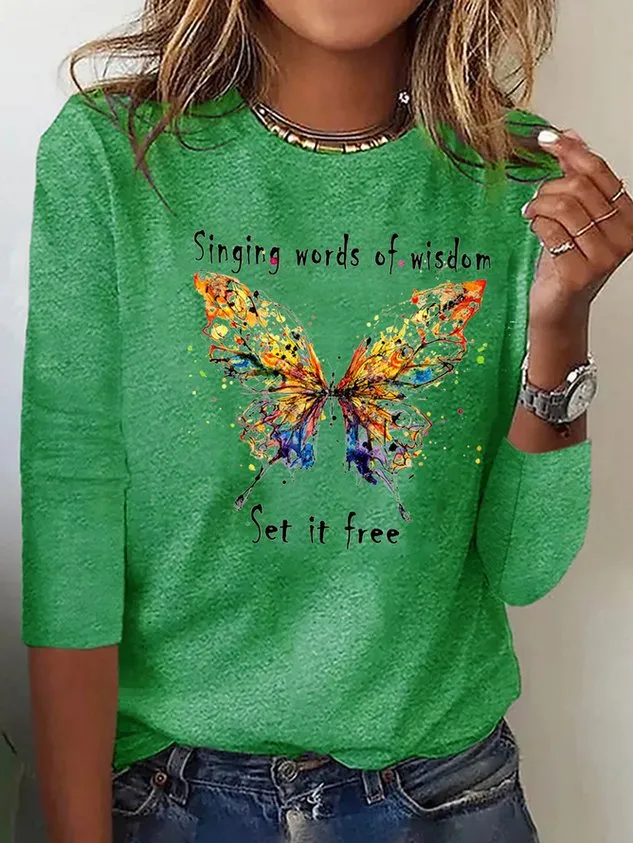 Butterfly Long sleeve Loose Casual T-Shirt