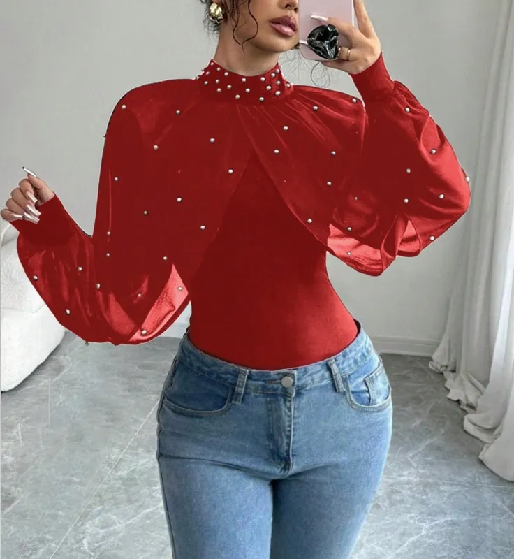 Women's Stand-Collar Pearls Beaded Button Long-Sleeve Blouse