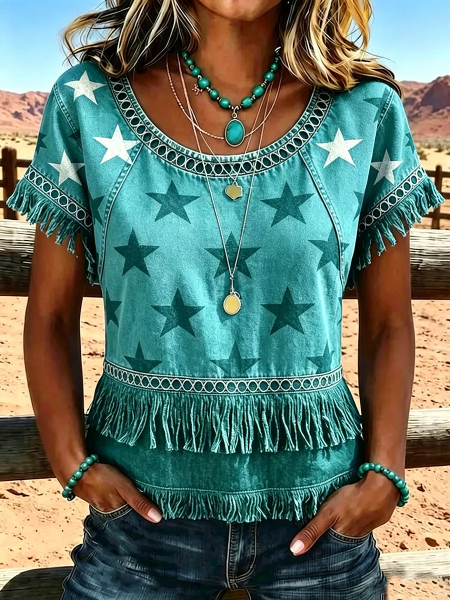 Women'S 250Th Anniversary American Vintage Western-Style Casual Shirt With Fringe Splicing