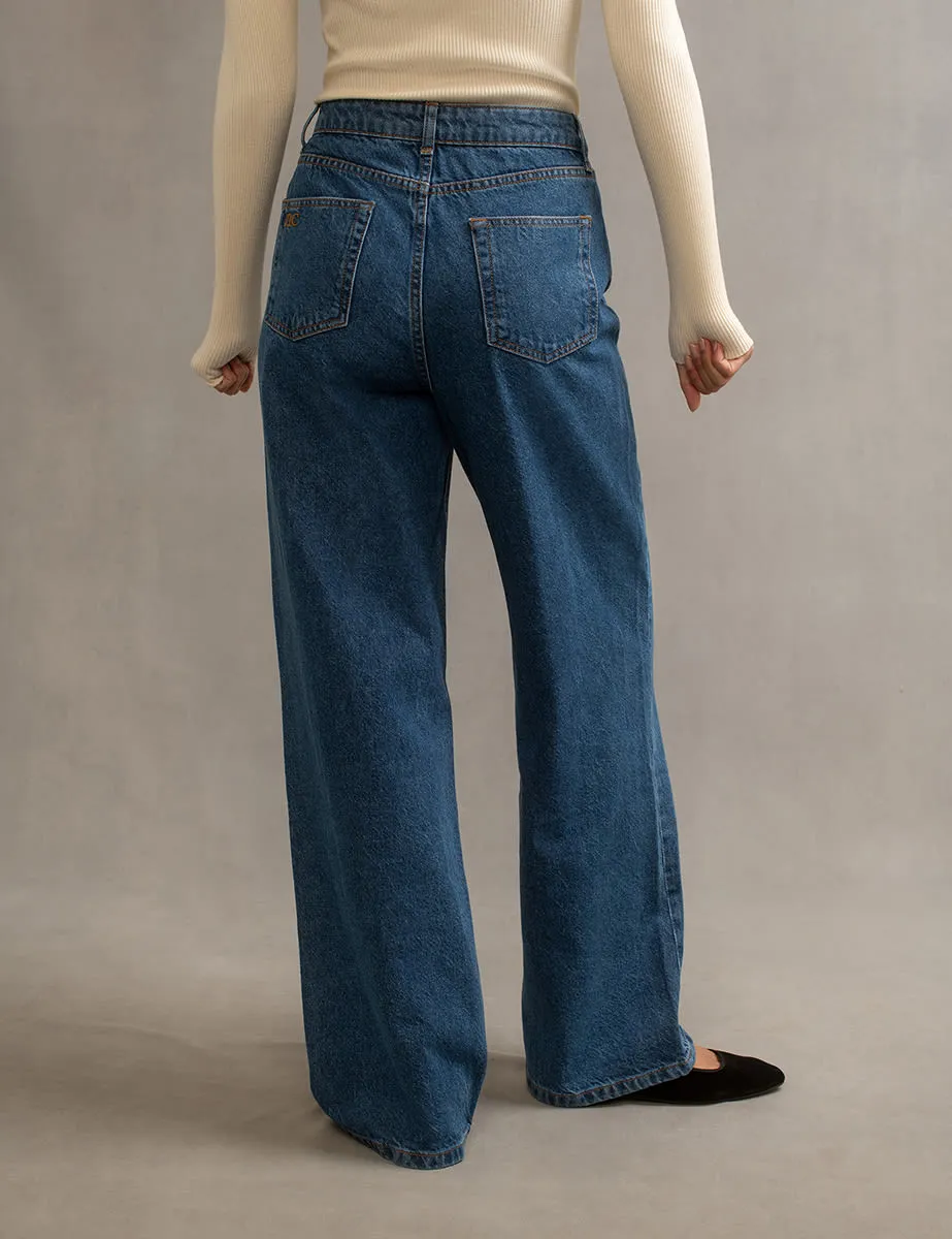 Mid Wash Blue Wide Leg Denim Jeans