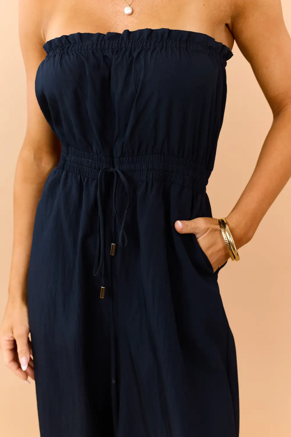 Navy Strapless Balloon Leg Ruffle Trim