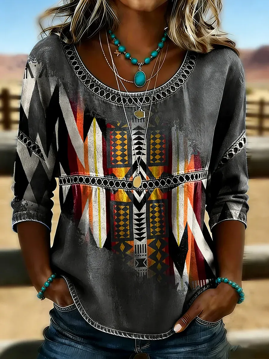 Women's Retro Western Aztec Print Casual Top
