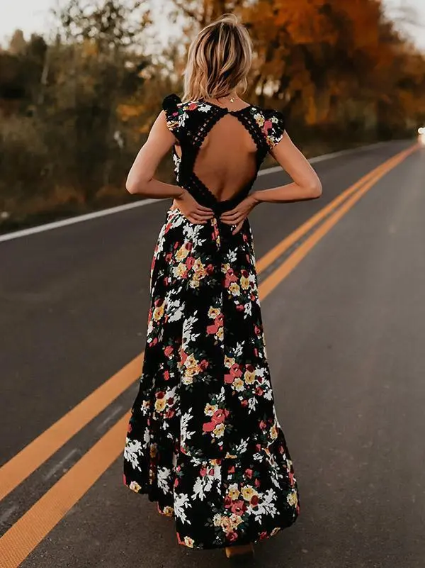 Bohemian Blossom Floral Open Back Boho Maxi Dress