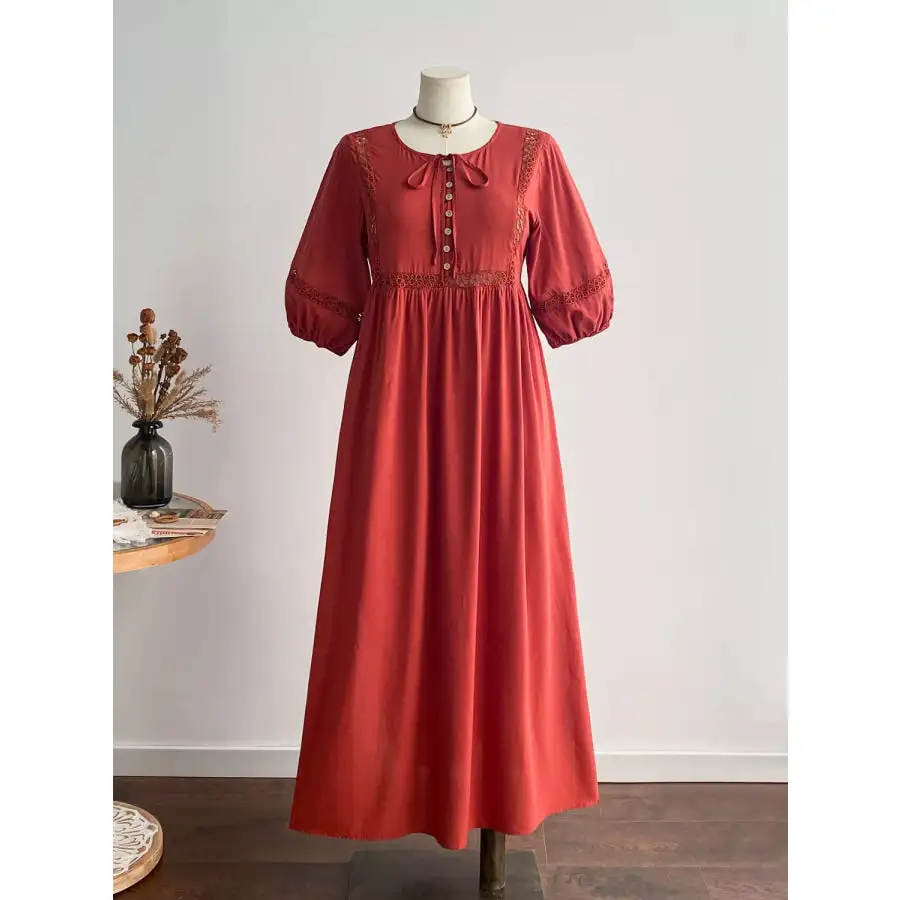 Plus Size Tie Neck Puff Sleeve Midi Dress with Lace Trim