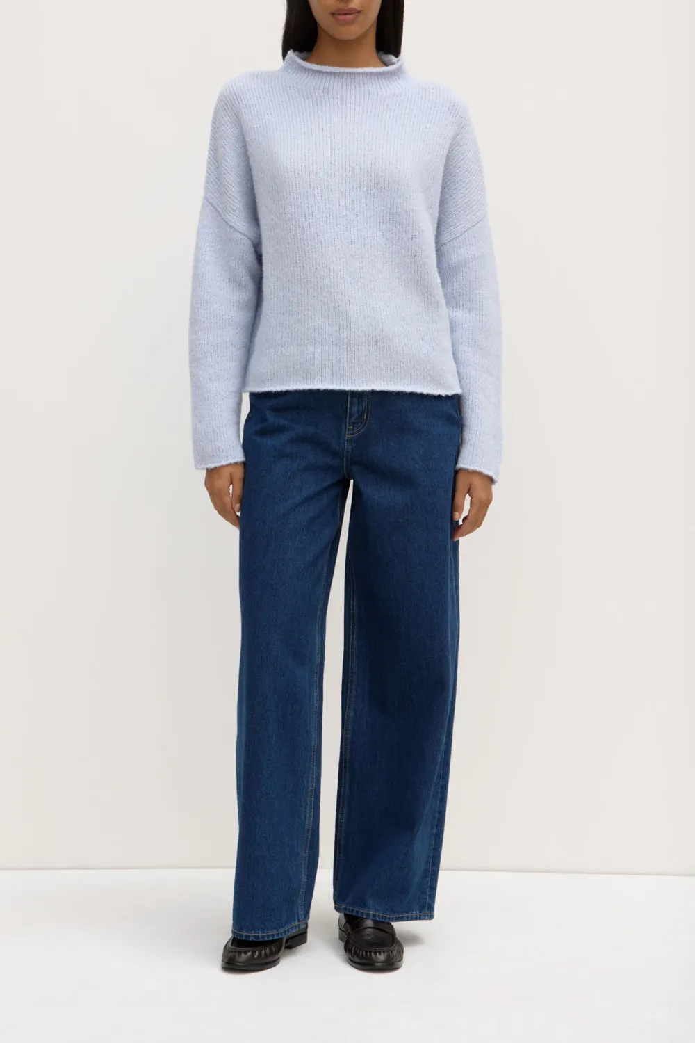 Loose Knit Sweater With Shoulder Drop And Stand Up Collar