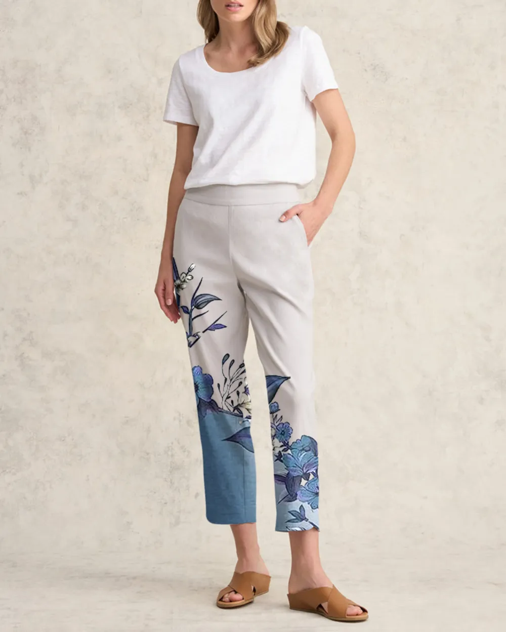 Curved Hem Linen Pant - Light Grey