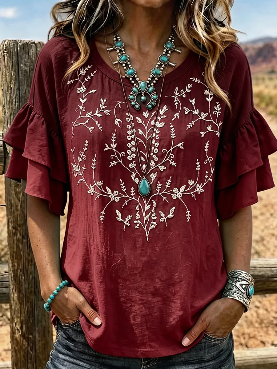 Women's Ombre Floral Embroidered Ruffle Sleeve Western Top