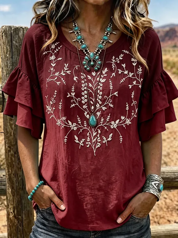 Women's Ombre Floral Embroidered Ruffle Sleeve Western Top