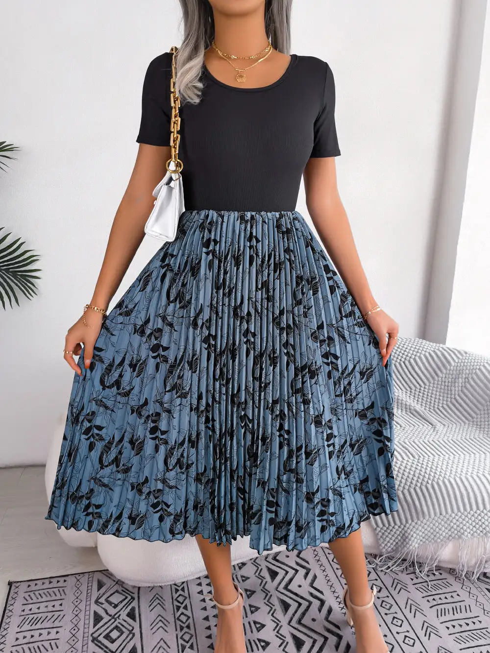 Pleated Round Neck Dress