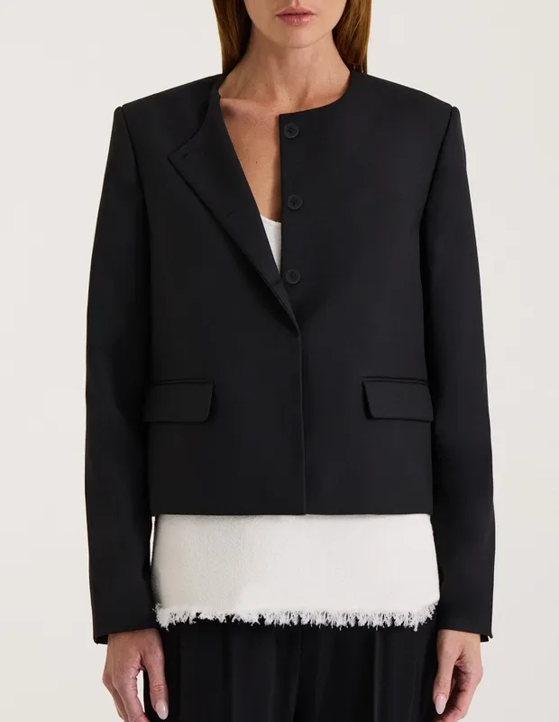 Black Cropped Collarless Blazer