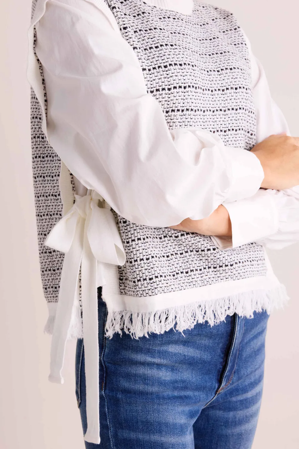 Fringed Contrast Sleeve Cotton Top