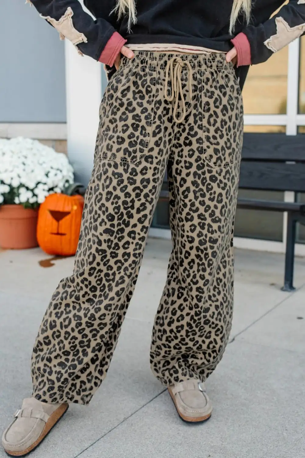 Leopard Print Drawstring Elastic Rise Loose Pants with Pockets