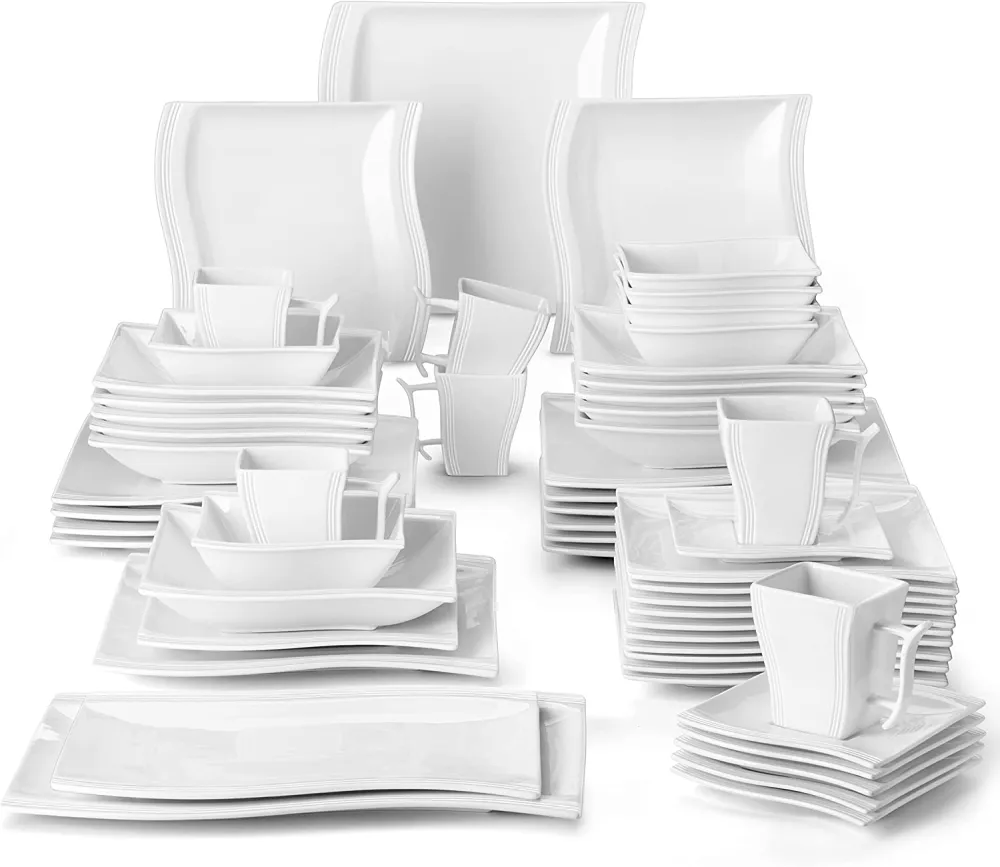 MALACASA Ivory White Dinnerware Sets, 60-Piece Square Dish Set for 12, Porcelain Dishes with Dinner Plates, Dessert Plates and Soup Plates, Cups and Saucers, Modern Dinnerware Oven Safe, Series Flora