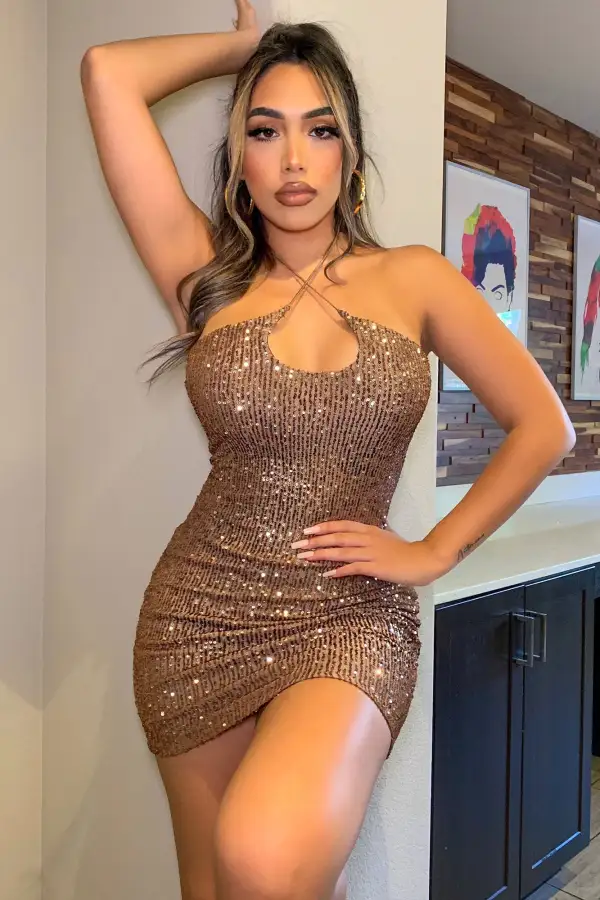 Out Til Dawn Sequin Mini Dress - Mocha