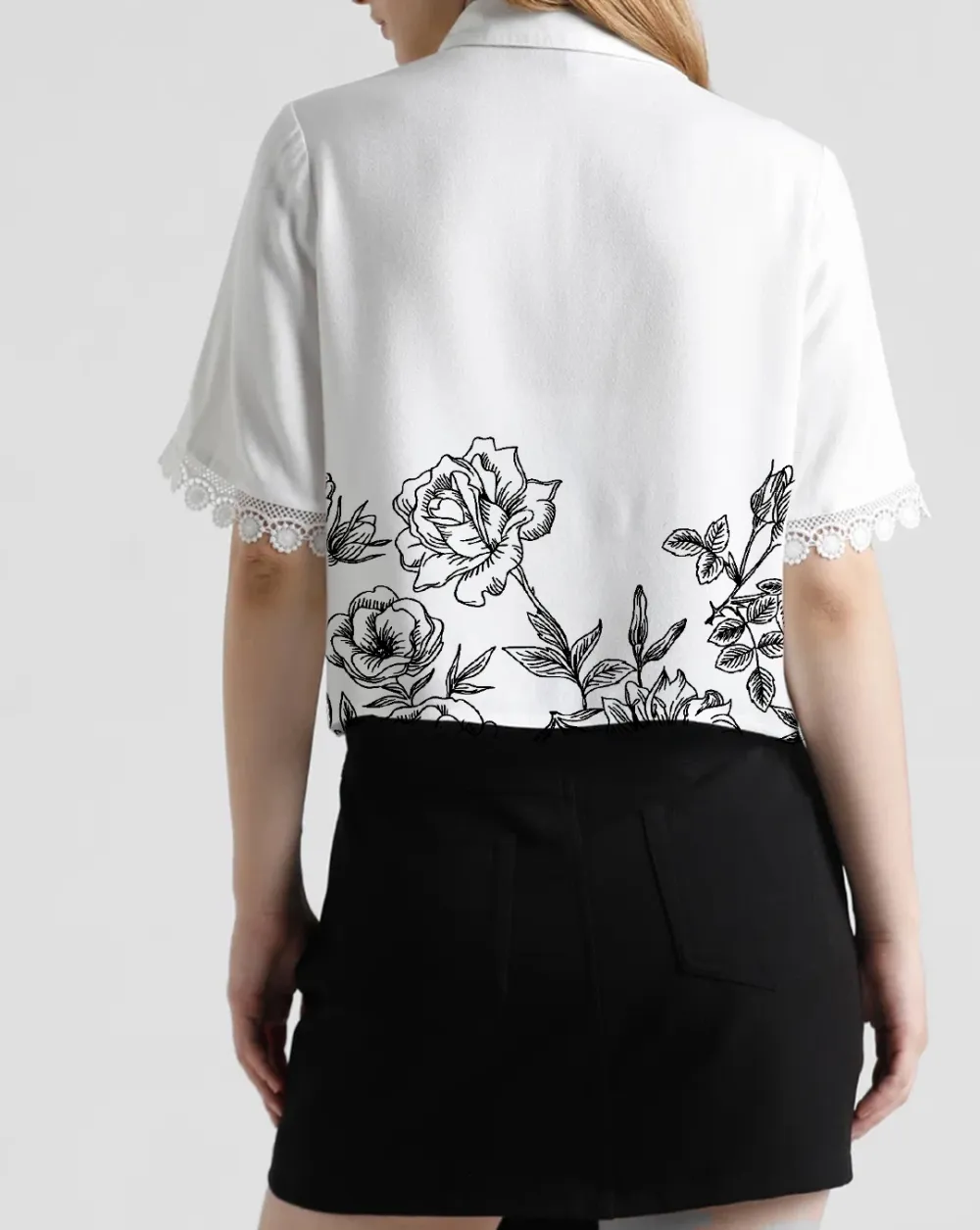 White Floral Print Crochet Detail Blouse