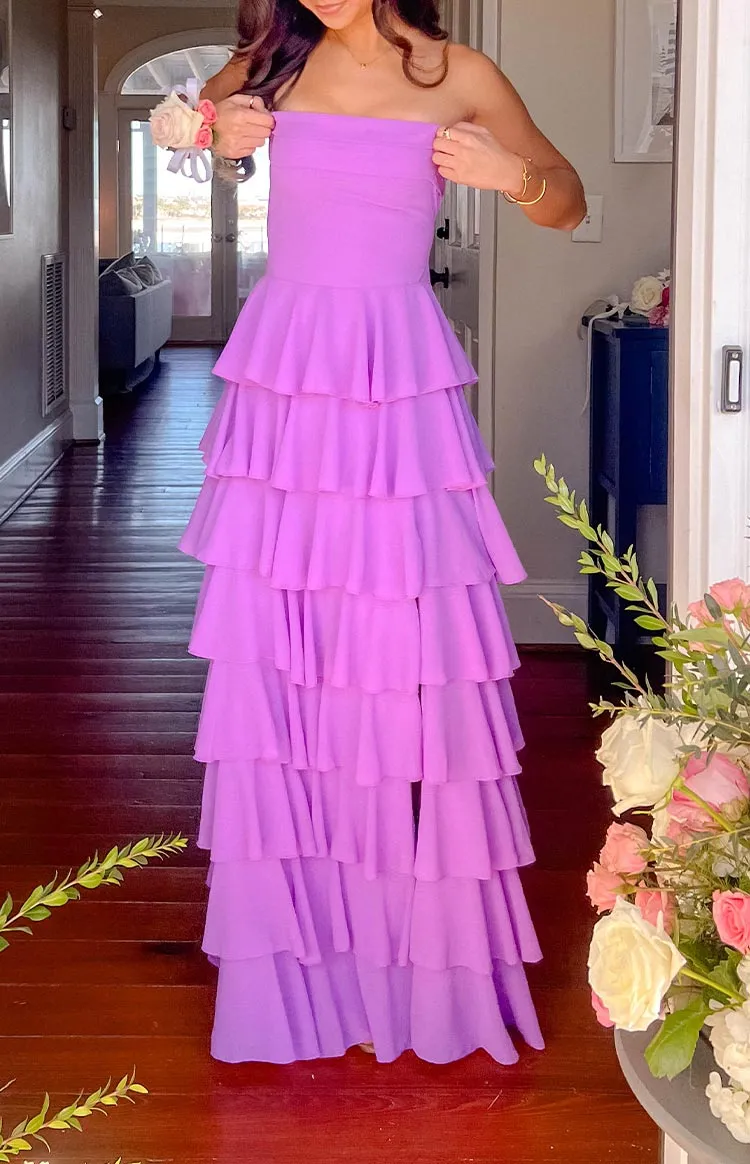 Strapless Ruffle Frills Magenta Maxi Dress