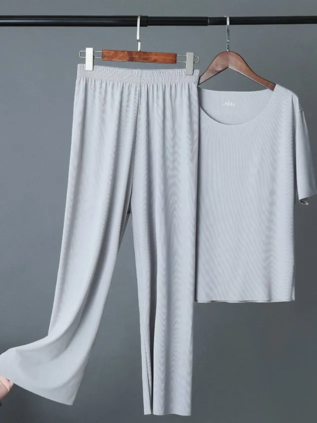 Crew Neck Casual Plain Two-Piece Set