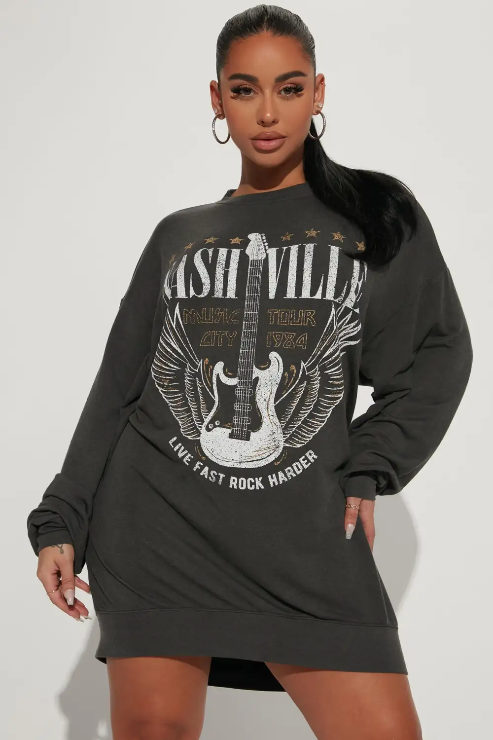 Nashville Long Sleeve T-Shirt Mini Dress - Black Wash