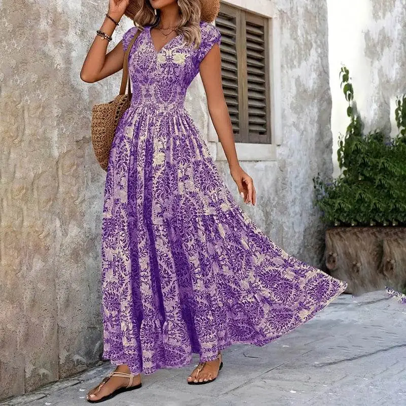Flowy Printed V Neck Maxi Dress
