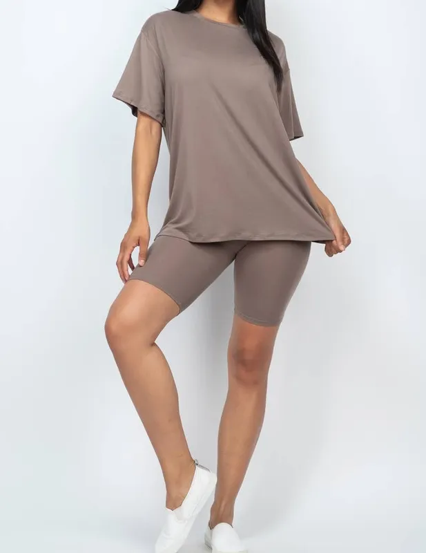 Taupe Loose Fit Top and Bike Shorts Set