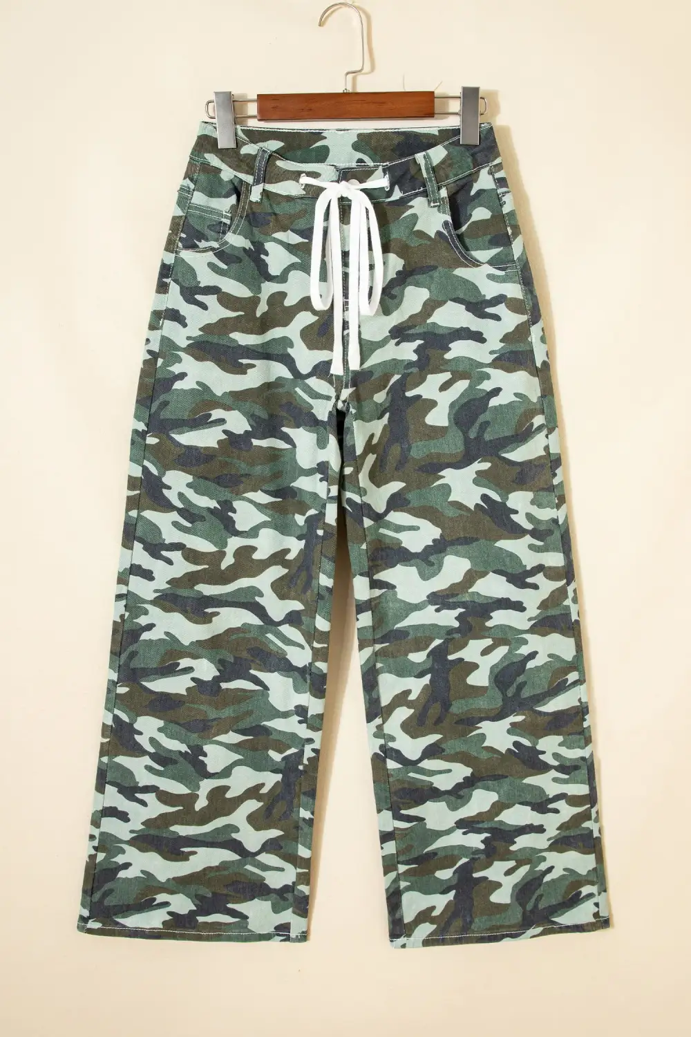 Wide Leg Drawstring Print Camouflage Jeans