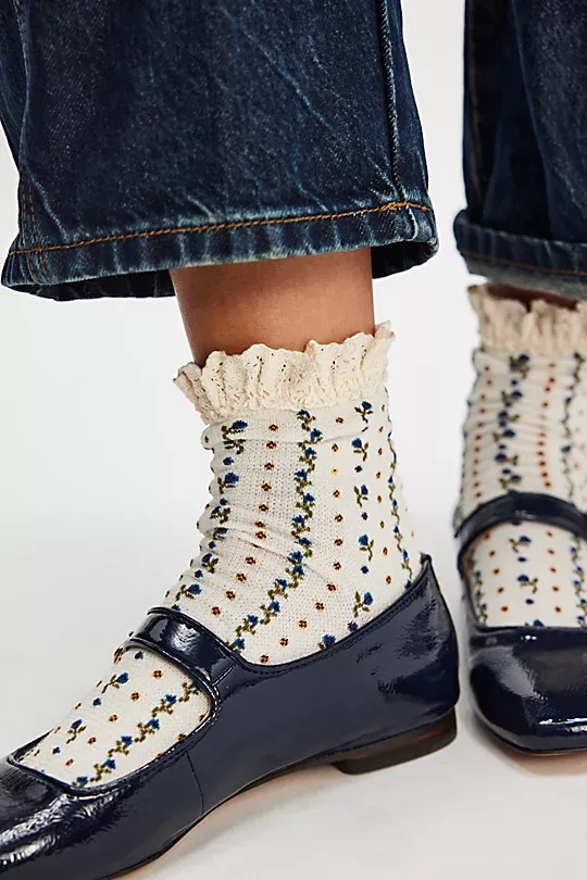 Floral Waffle Knit Socks Bule