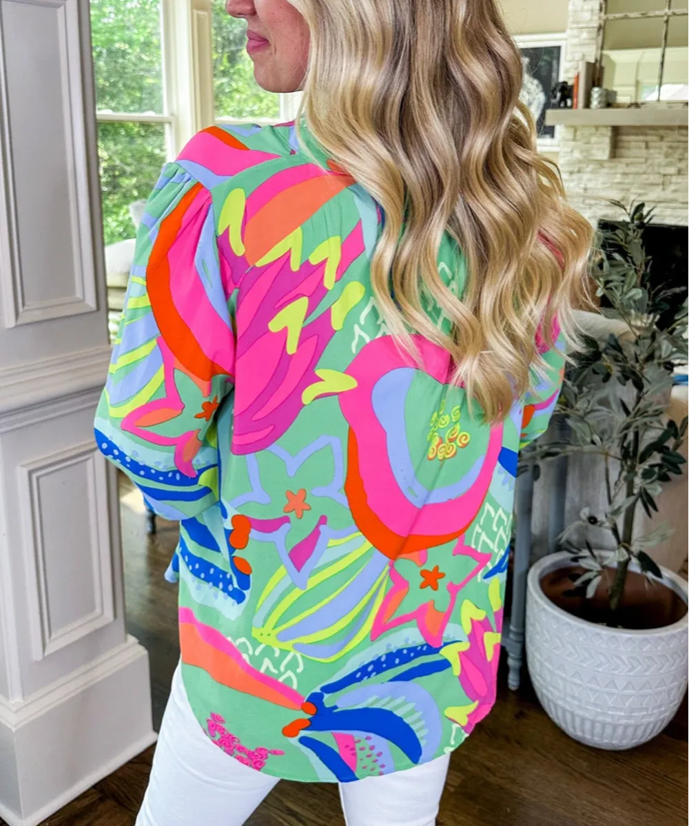 Green Abstract Print Ruffled Sleeve Buttoned V Neck Blouse