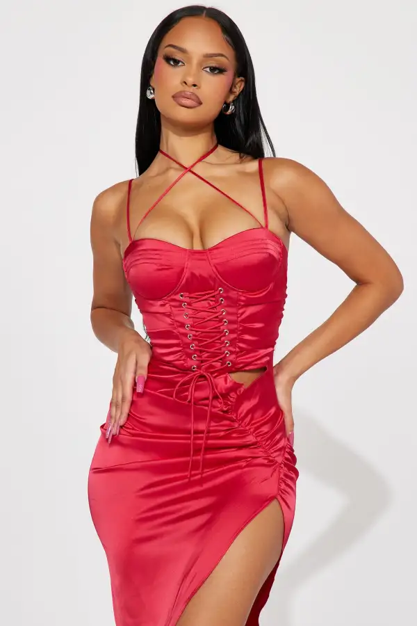Lace Up Satin Maxi Dress - Red