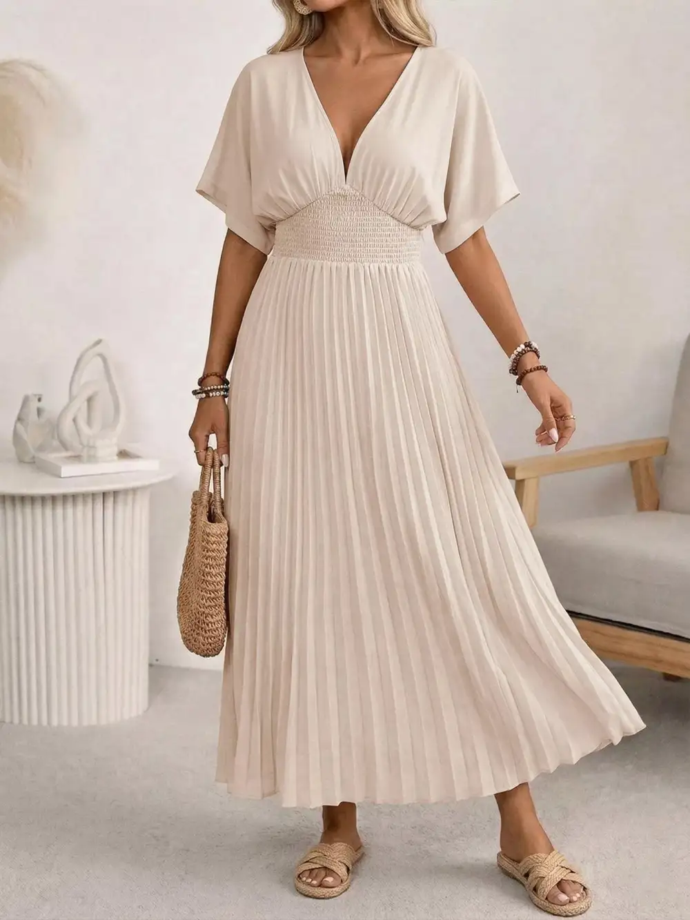 Pleated V-Neck Midi Dress