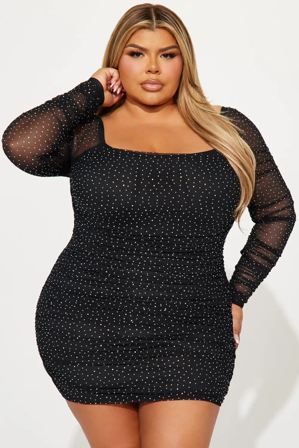 Tabby Rhinestone Mesh Mini Dress - Black