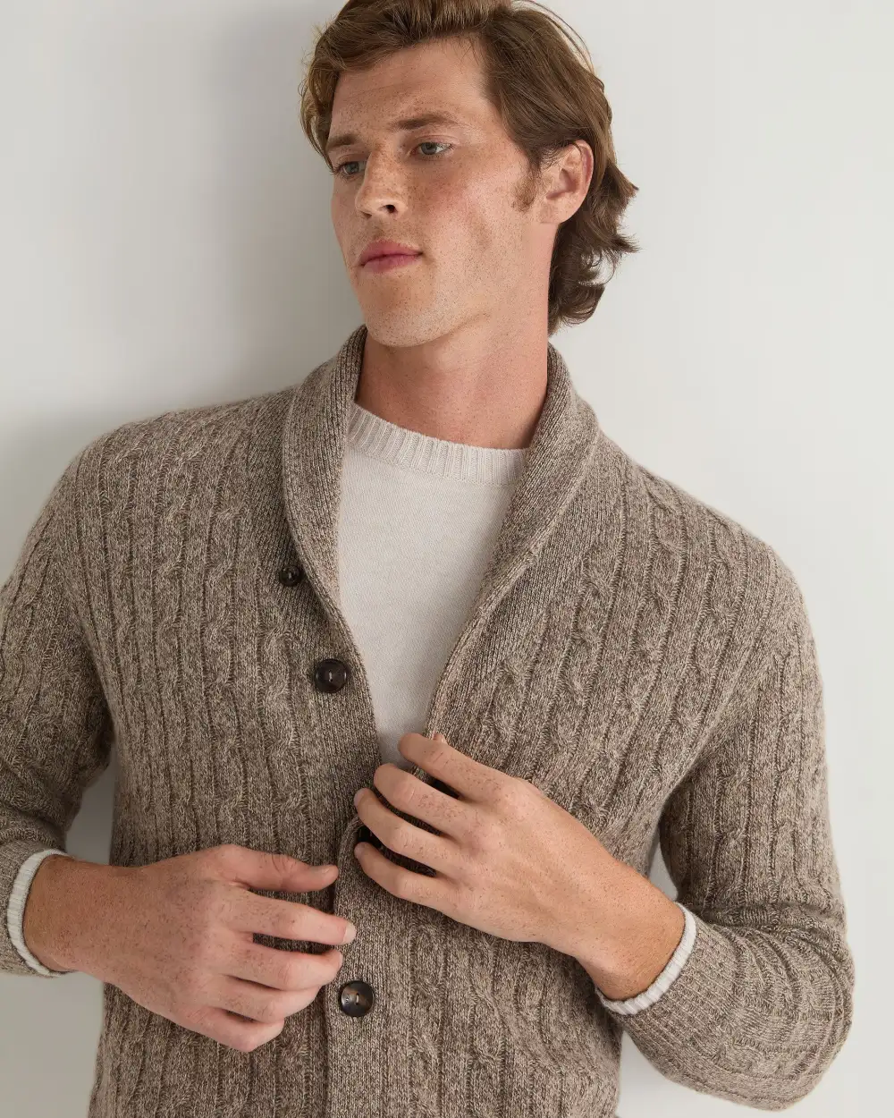 Men's Garrick Shawl Cable Cashmere Cardigan Heather Hazel Brown