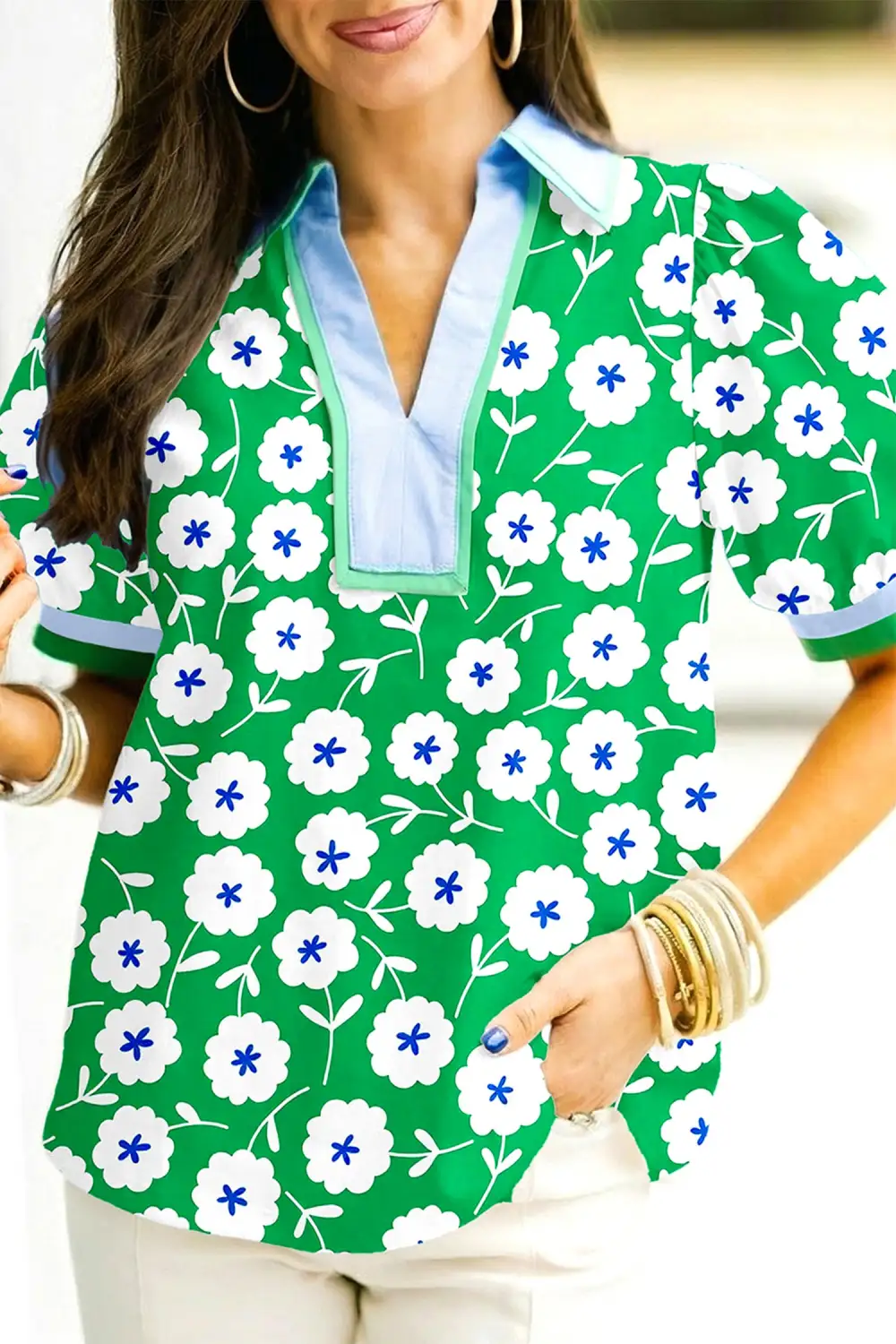 Green Flower Printed Contrast Patchwork Collar Short Sleeve Blouse