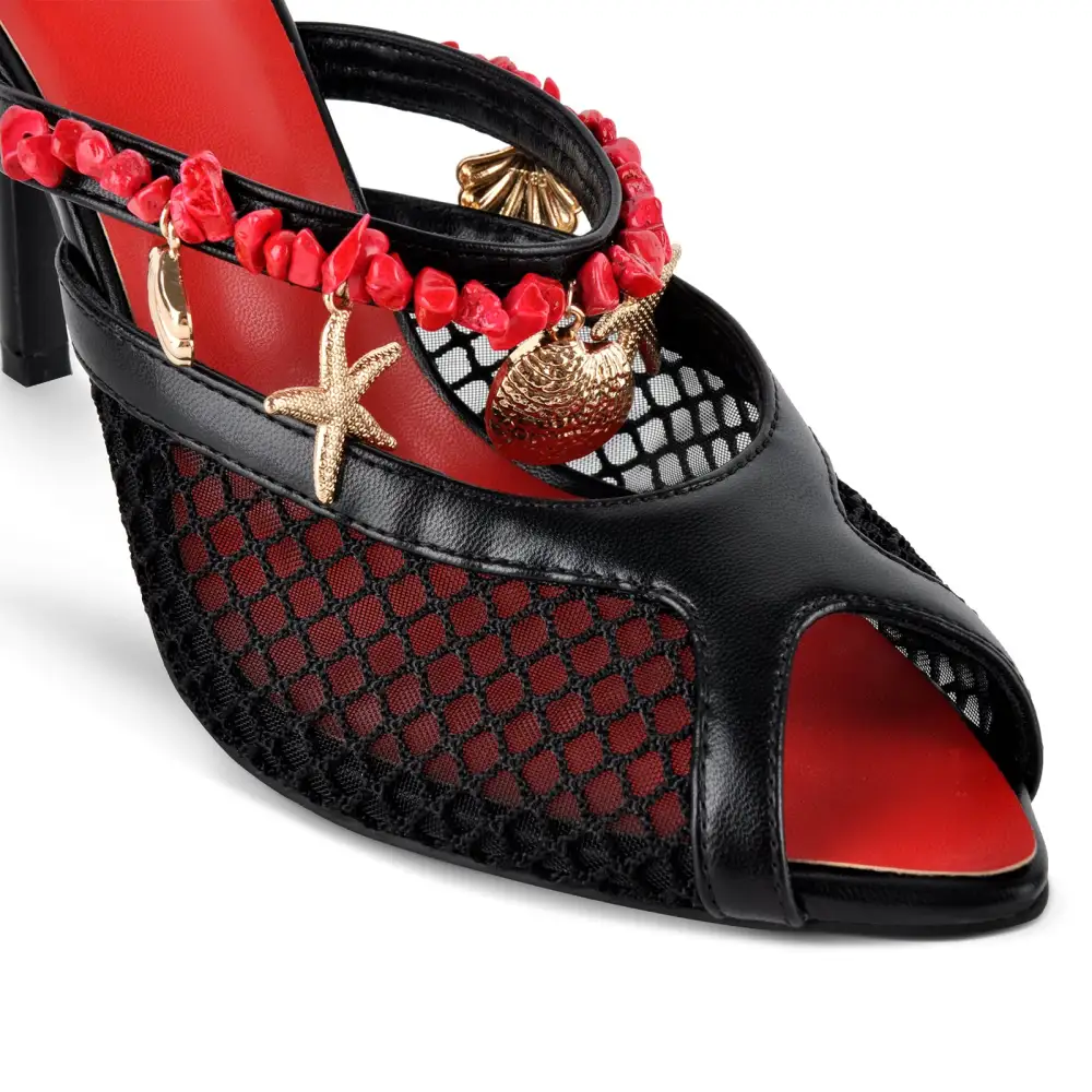 Peep Toe Mesh Ocean Pendant Mule Sandals