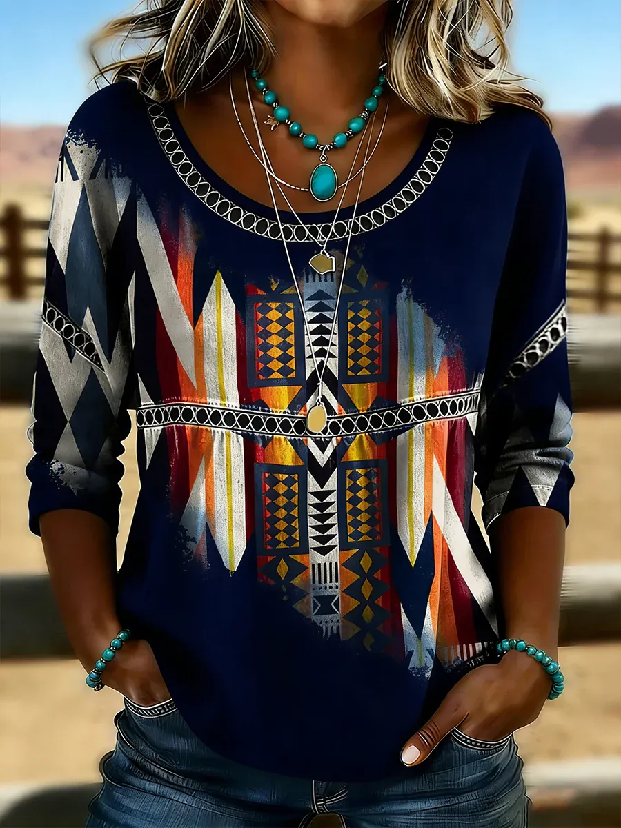Women's Retro Western Aztec Print Casual Top