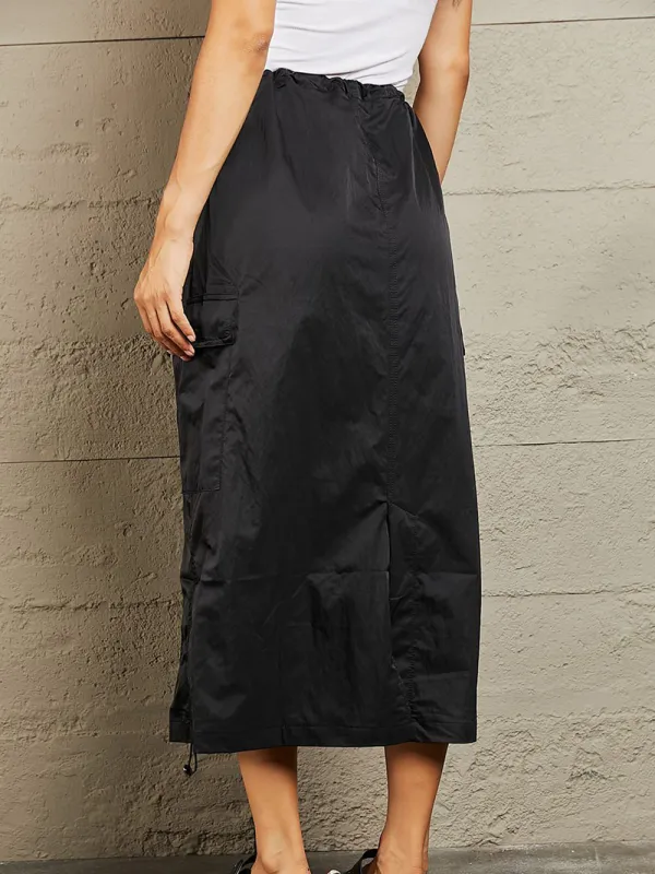 Women's High Waisted Cargo Midi Skirt in Black