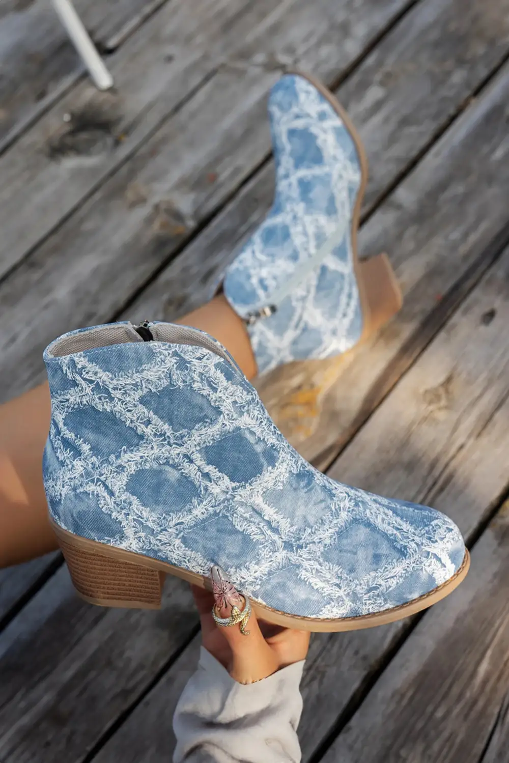 Distressed Denim Rhombus Zip Heeled Ankle Boots